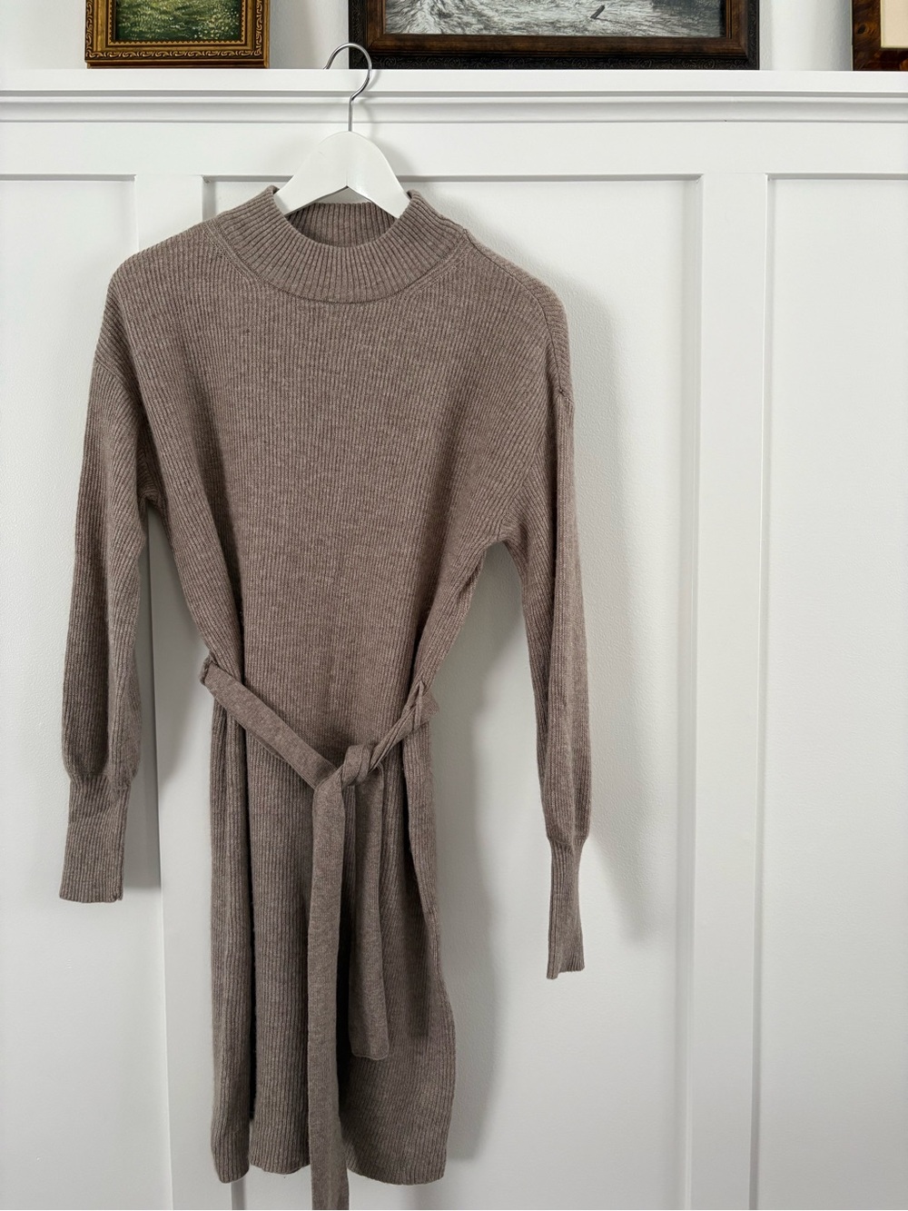 Dynamite Ribbed Mock Neck Sweater Dress in Taupe